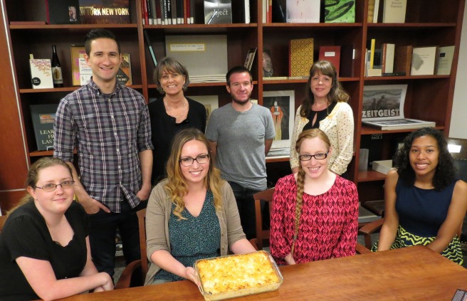 The Special Collections summer crew enjoying Hart's pineapple kugel creation.